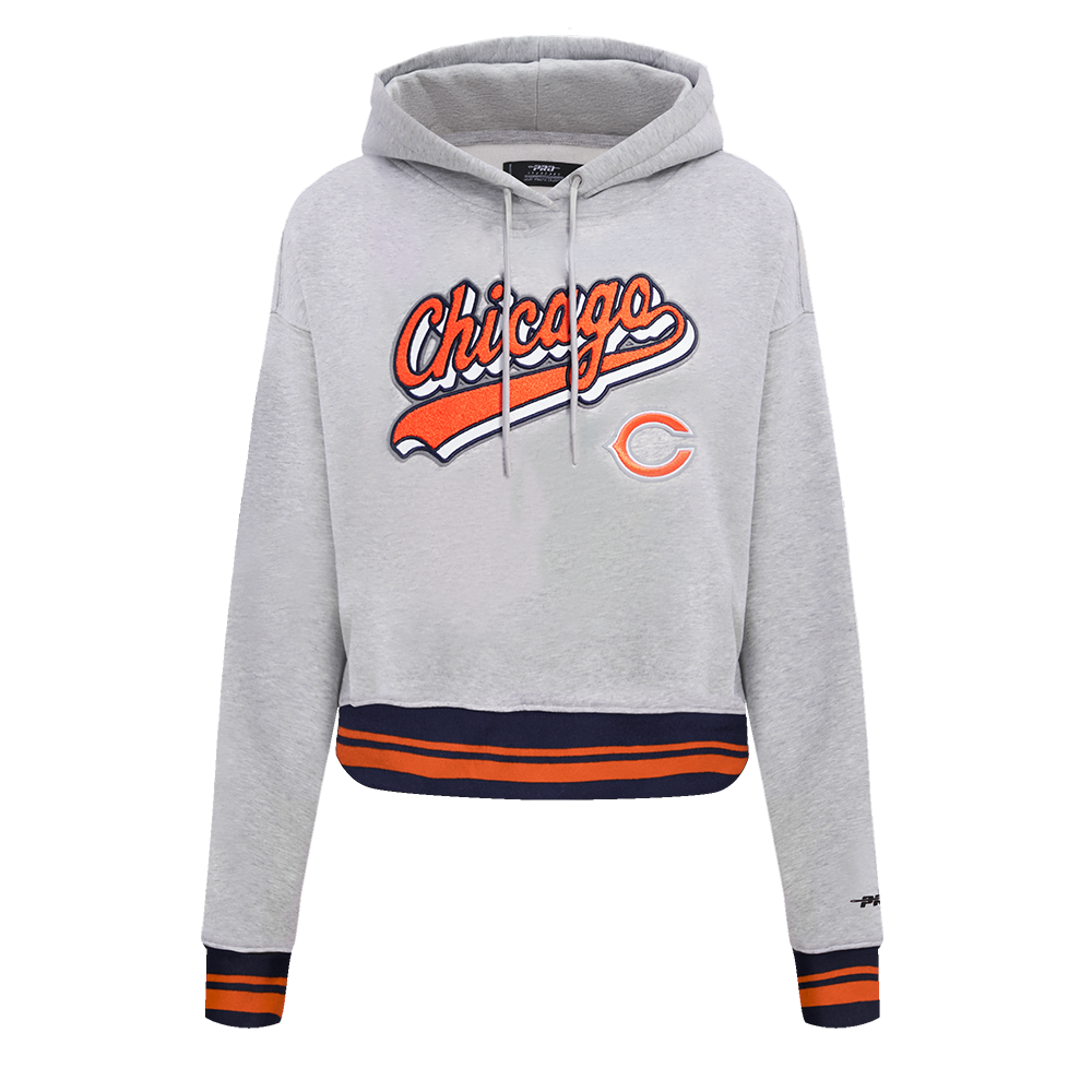 NFL CHICAGO BEARS SCRIPT TAIL CHANDAIL À CAPUCHON COURT EN MOLLETON CÔTELÉ POUR FEMME (GRIS CHINÉ/MARINE MINUIT/ORANGE)