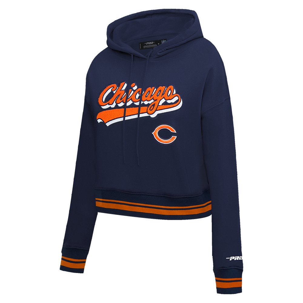 NFL CHICAGO BEARS SCRIPT TAIL WOMEN'S RIB FLC CROPPED PO HOODIE (MIDNIGHT NAVY/ORANGE/MIDNIGHT NAVY)