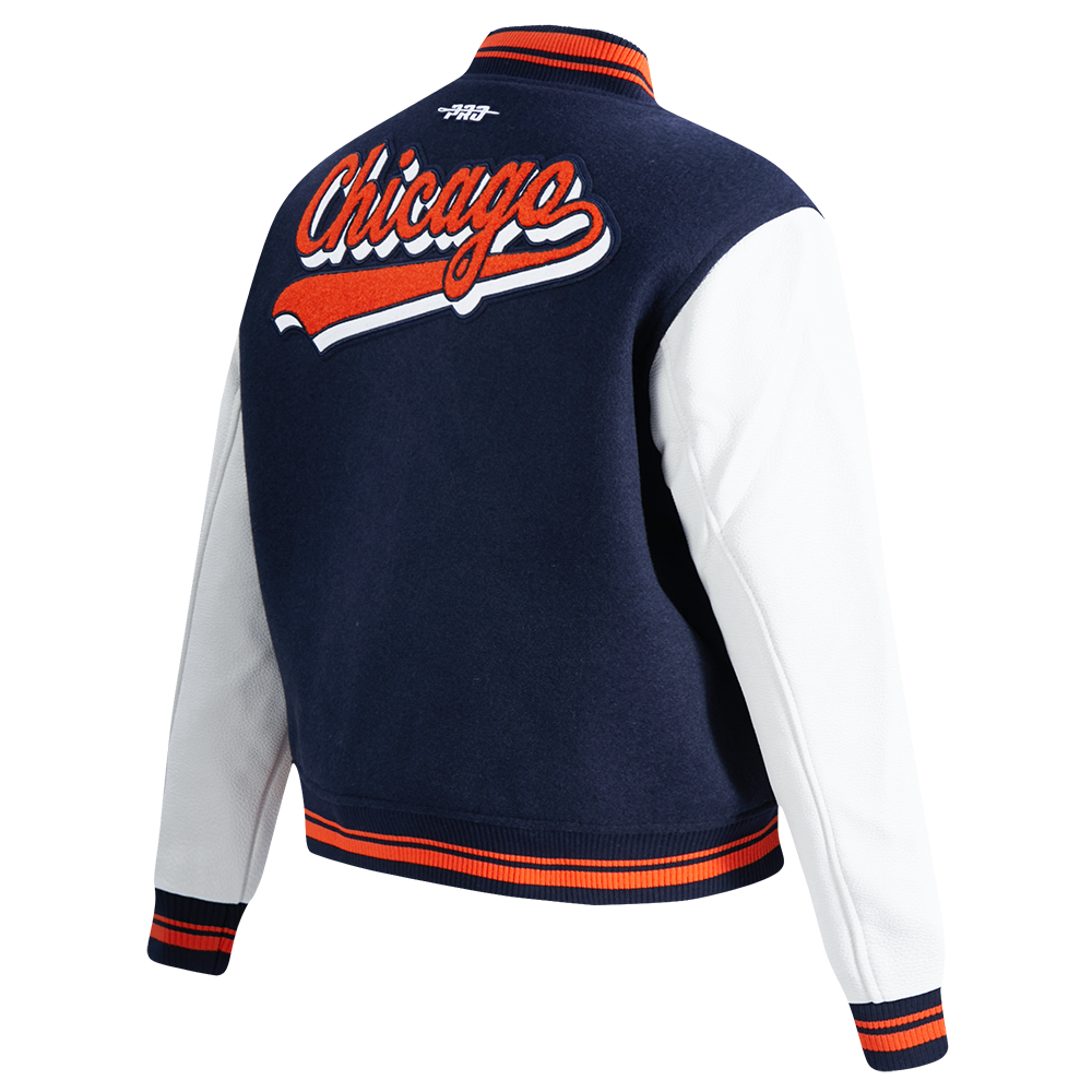NFL CHICAGO BEARS SCRIPT TAIL WOMEN'S WOOL VARSITY JACKET (MIDNIGHT NAVY/ORANGE/MIDNIGHT NAVY)