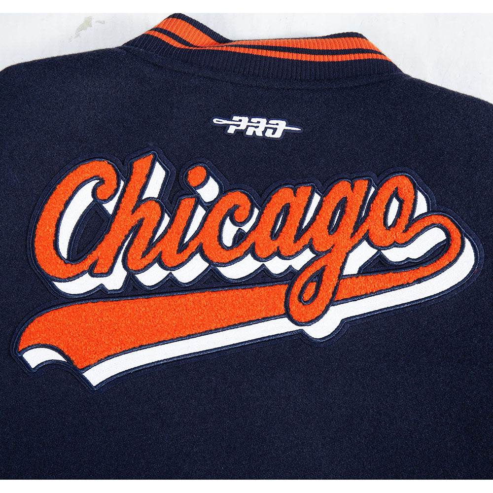 NFL CHICAGO BEARS SCRIPT TAIL WOMEN'S WOOL VARSITY JACKET (MIDNIGHT NAVY/ORANGE/MIDNIGHT NAVY)
