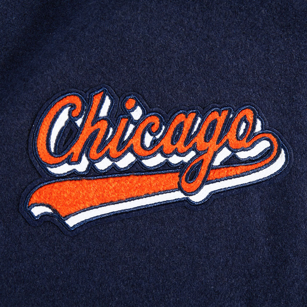 NFL CHICAGO BEARS SCRIPT TAIL WOMEN'S WOOL VARSITY JACKET (MIDNIGHT NAVY/ORANGE/MIDNIGHT NAVY)