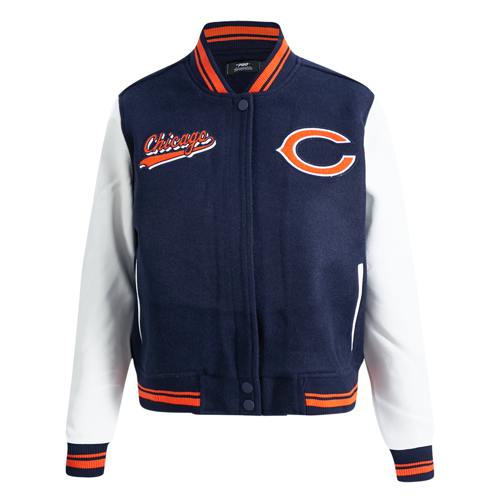 NFL CHICAGO BEARS SCRIPT TAIL WOMEN'S WOOL VARSITY JACKET (MIDNIGHT NAVY/ORANGE/MIDNIGHT NAVY)