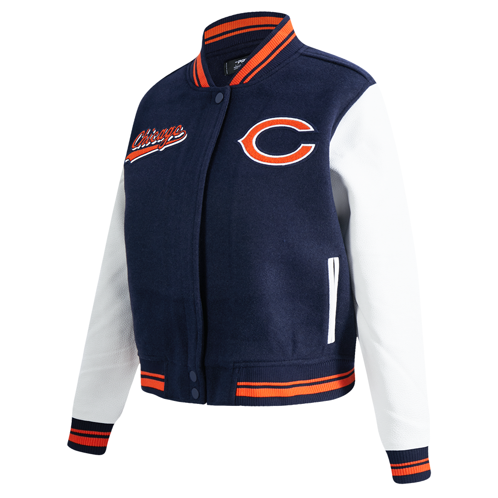 NFL CHICAGO BEARS SCRIPT TAIL WOMEN'S WOOL VARSITY JACKET (MIDNIGHT NAVY/ORANGE/MIDNIGHT NAVY)