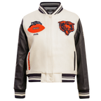 NFL CHICAGO BEARS RETRO CLASSIC BLOUSON COLLÉGIAL EN LAINE À BORDS CÔTELÉS POUR FEMME (COQUILLE D'ŒUF/MARINE MINUIT)