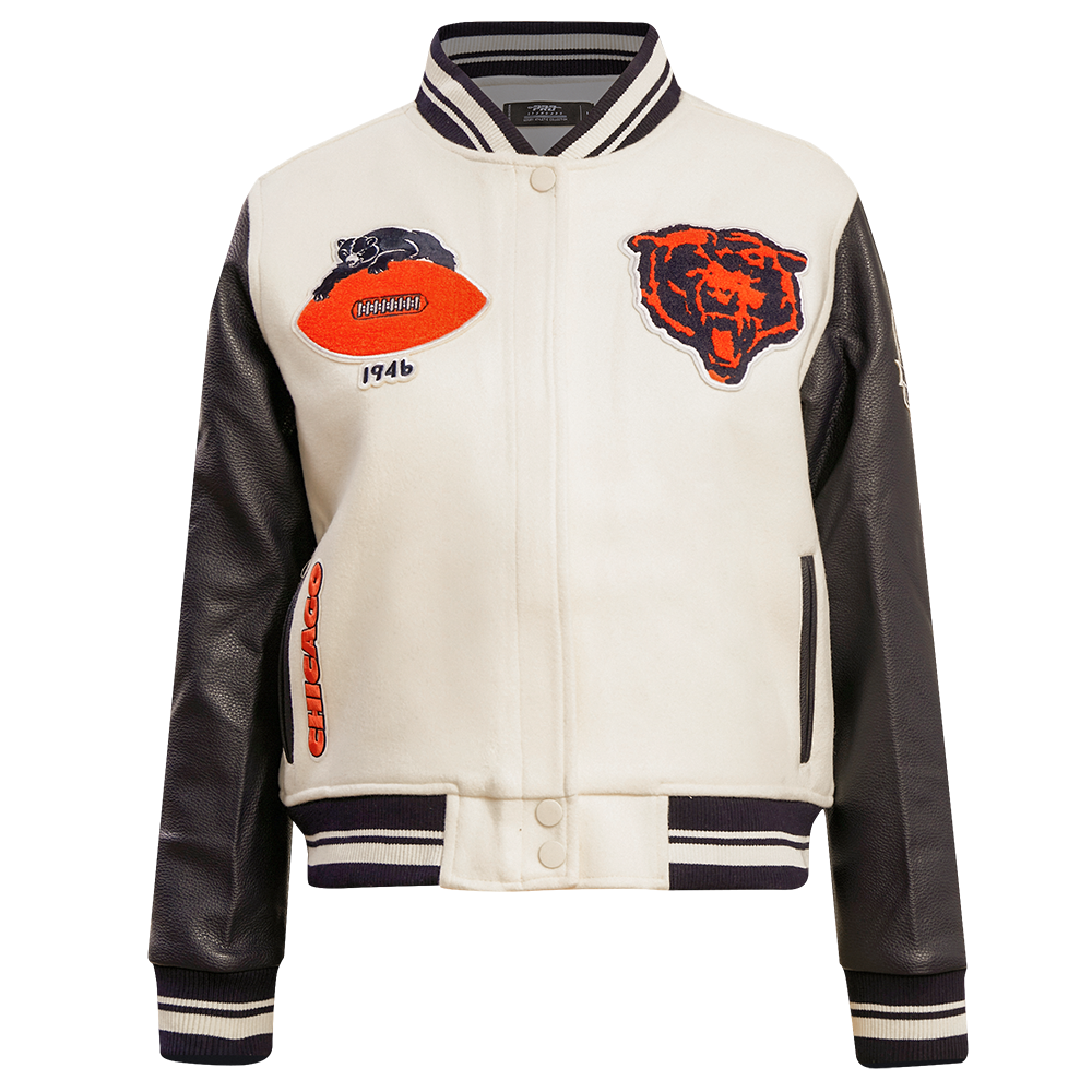 NFL CHICAGO BEARS RETRO CLASSIC BLOUSON COLLÉGIAL EN LAINE À BORDS CÔTELÉS POUR FEMME (COQUILLE D'ŒUF/MARINE MINUIT)
