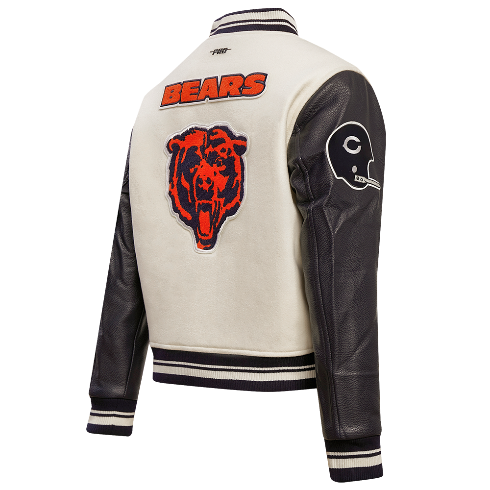 NFL CHICAGO BEARS RETRO CLASSIC BLOUSON COLLÉGIAL EN LAINE À BORDS CÔTELÉS POUR FEMME (COQUILLE D'ŒUF/MARINE MINUIT)