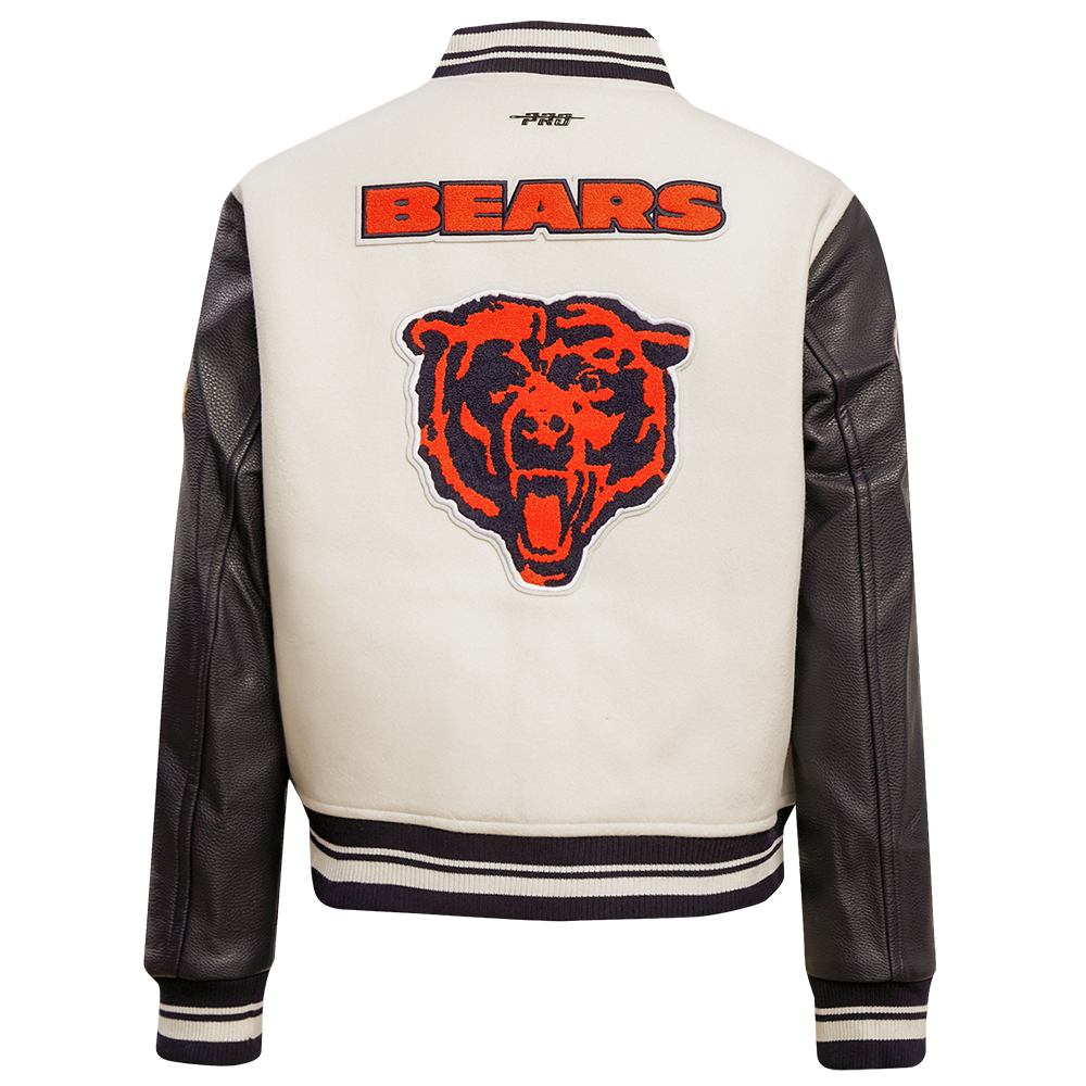 NFL CHICAGO BEARS RETRO CLASSIC BLOUSON COLLÉGIAL EN LAINE À BORDS CÔTELÉS POUR FEMME (COQUILLE D'ŒUF/MARINE MINUIT)