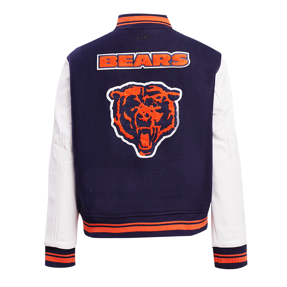 NFL CHICAGO BEARS RETRO CLASSIC WOMEN'S RIB WOOL VARSITY JACKET (MIDNIGHT NAVY/ORANGE/MIDNIGHT NAVY)