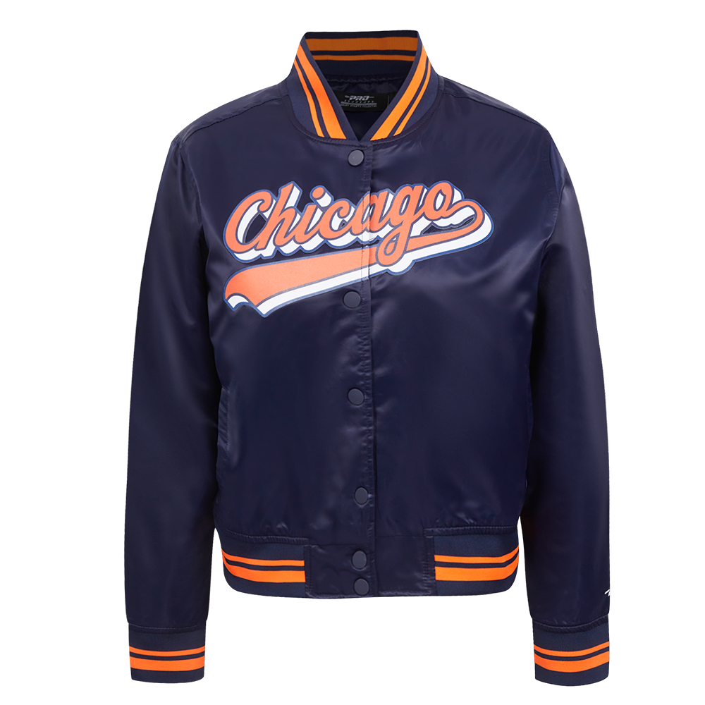 NFL CHICAGO BEARS SCRIPT TAIL BLOUSON EN SATIN POUR FEMME (MARINE MINUIT/ORANGE/MARINE MINUIT)