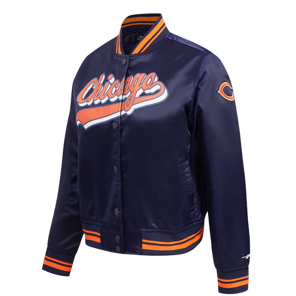 NFL CHICAGO BEARS SCRIPT TAIL BLOUSON EN SATIN POUR FEMME (MARINE MINUIT/ORANGE/MARINE MINUIT)