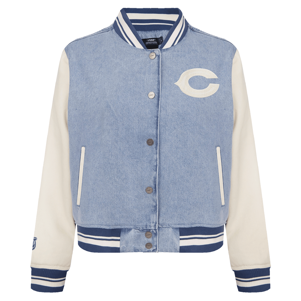 NFL CHICAGO BEARS VARSITY BLUES WOMEN'S DENIM VARSITY JACKET (DENIM/LINEN)