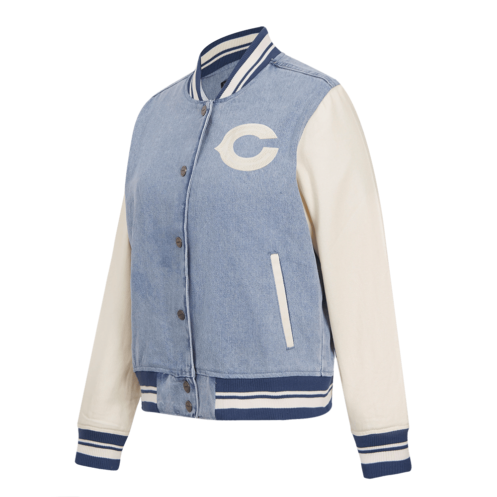 NFL CHICAGO BEARS VARSITY BLUES WOMEN'S DENIM VARSITY JACKET (DENIM/LINEN)