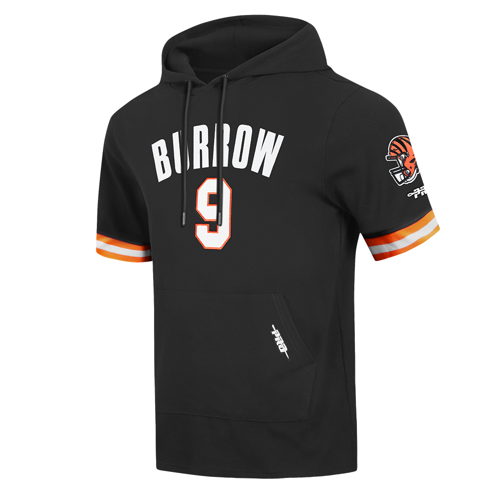 NFL CINCINNATI BENGALS JOE BURROW #9 CLASSIC PNN CHANDAIL À CAPUCHON À MANCHES COURTES POUR HOMME (NOIR/ORANGE)