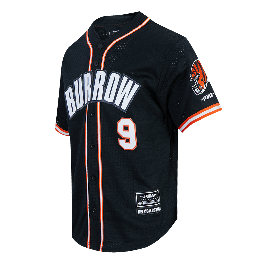 NFL CINCINNATI BENGALS JOE BURROW #9 CLASSIC MESH PNN MEN'S MESH BUTTON DOWN SHIRT (BLACK/ORANGE)