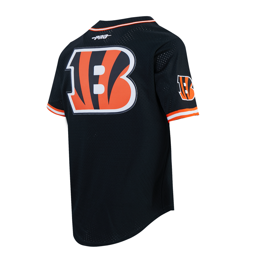 NFL CINCINNATI BENGALS JOE BURROW #9 CLASSIC MESH PNN MEN'S MESH BUTTON DOWN SHIRT (BLACK/ORANGE)
