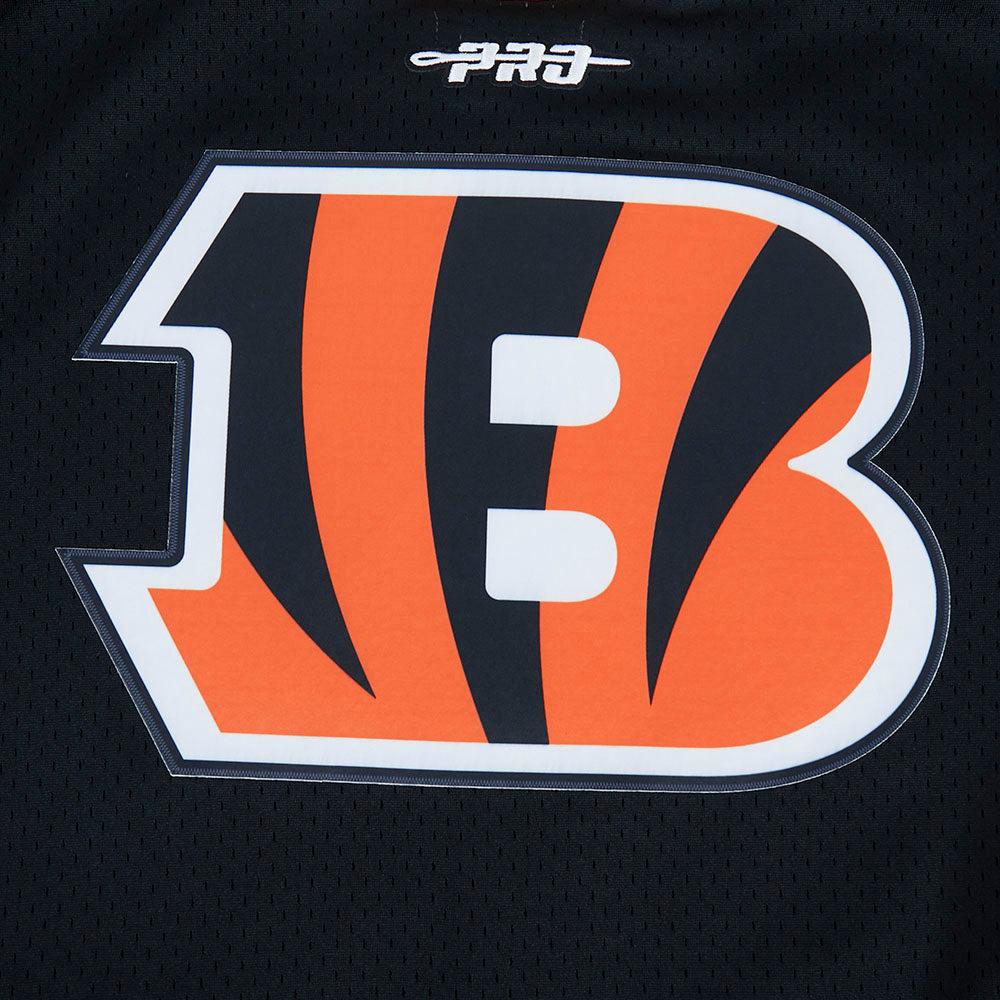 NFL CINCINNATI BENGALS JOE BURROW #9 CLASSIC MESH PNN MEN'S MESH BUTTON DOWN SHIRT (BLACK/ORANGE)