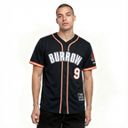 NFL CINCINNATI BENGALS JOE BURROW #9 CLASSIC MESH PNN MEN'S MESH BUTTON DOWN SHIRT (BLACK/ORANGE)