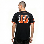 NFL CINCINNATI BENGALS JOE BURROW #9 CLASSIC MESH PNN MEN'S MESH BUTTON DOWN SHIRT (BLACK/ORANGE)