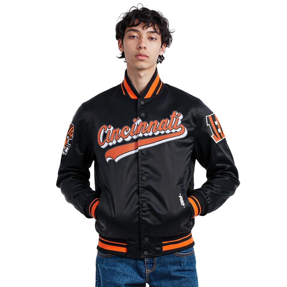 NFL CINCINNATI BENGALS SCRIPT TAIL MEN'S SATIN JACKET (BLACK/ORANGE)