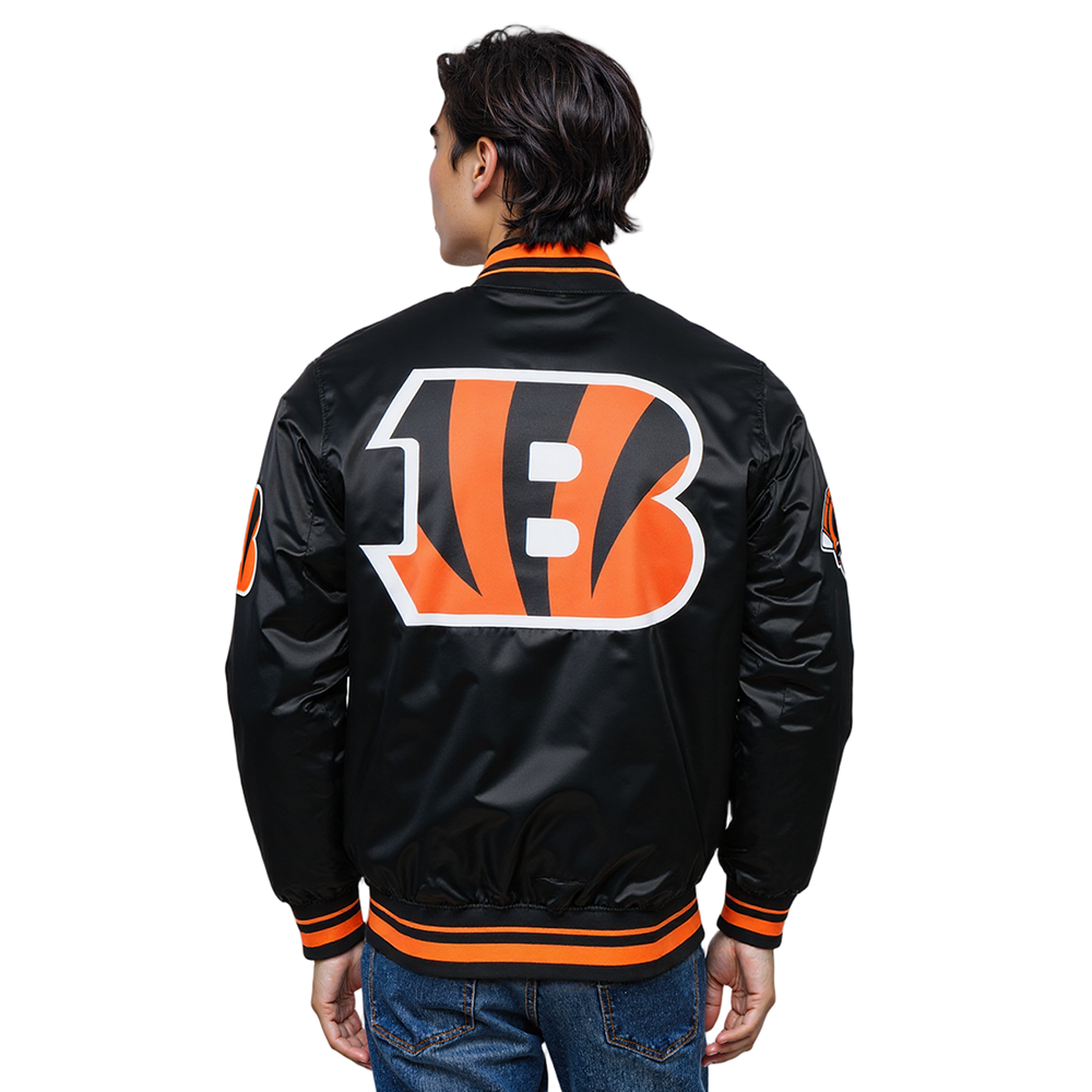 NFL CINCINNATI BENGALS SCRIPT TAIL BLOUSON EN SATIN POUR HOMME (NOIR/ORANGE)