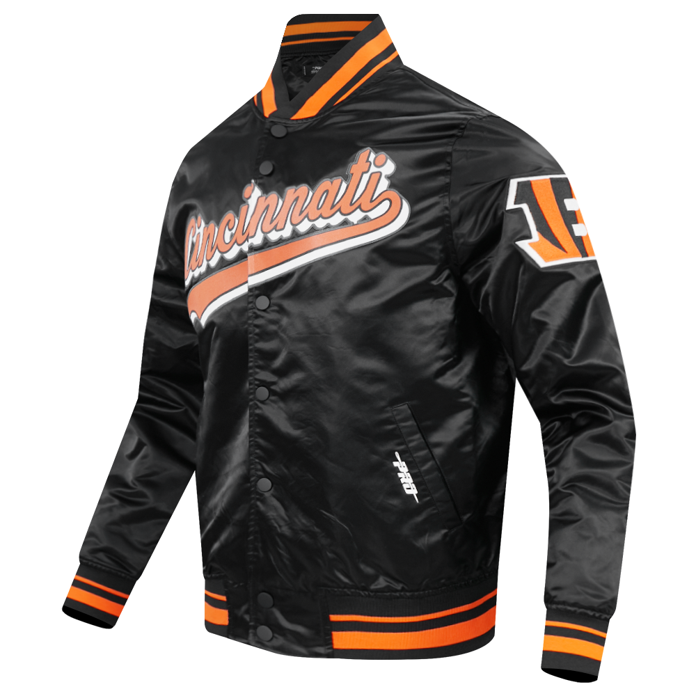 NFL CINCINNATI BENGALS SCRIPT TAIL MEN'S SATIN JACKET (BLACK/ORANGE)