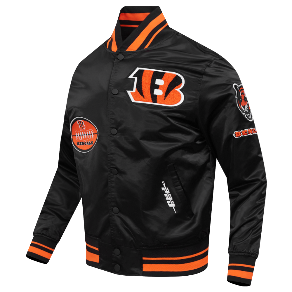 NFL CINCINNATI BENGALS OLD ENGLISH MEN'S RIB SATIN JACKET (BLACK/ORANGE)