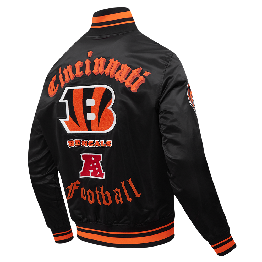 NFL CINCINNATI BENGALS OLD ENGLISH MEN'S RIB SATIN JACKET (BLACK/ORANGE)