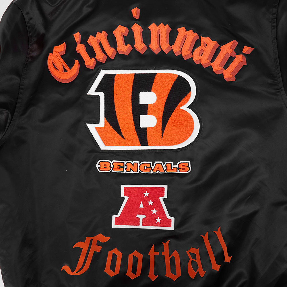 NFL CINCINNATI BENGALS OLD ENGLISH MEN'S RIB SATIN JACKET (BLACK/ORANGE)