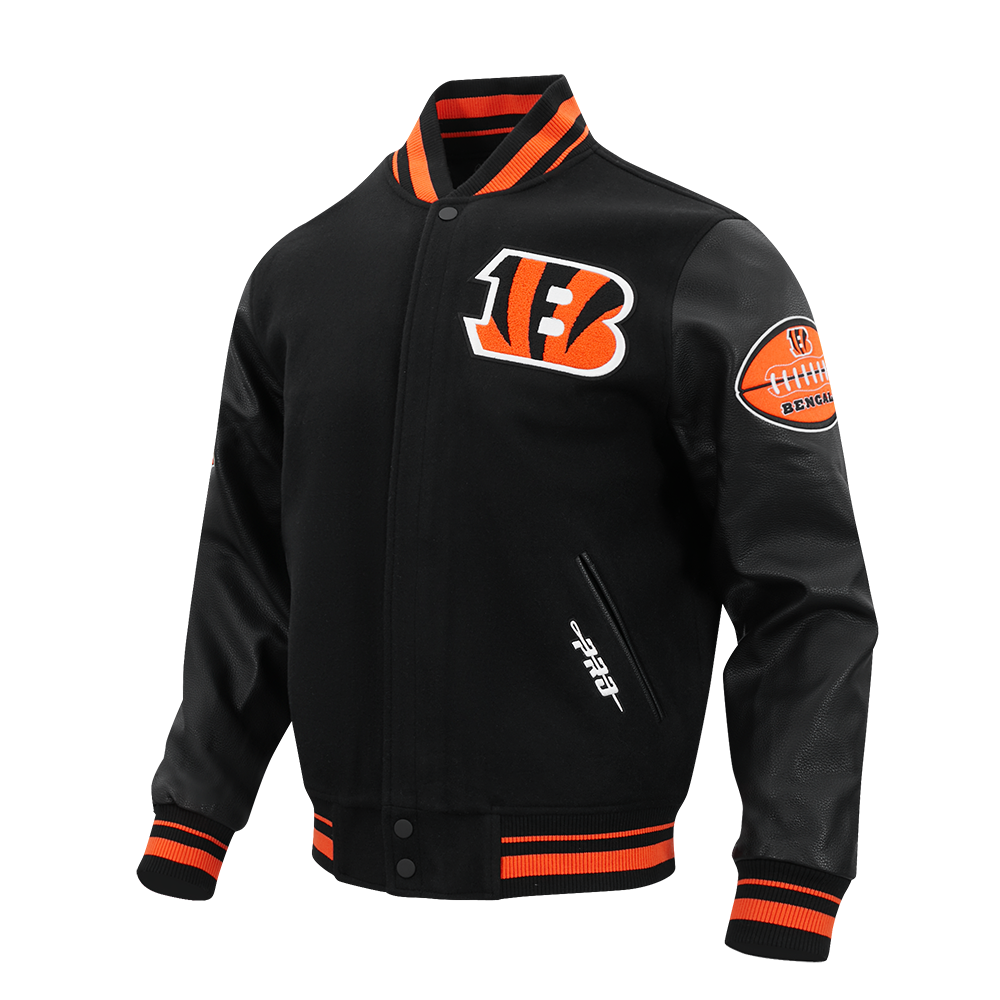NFL CINCINNATI BENGALS OLD ENGLISH MEN'S RIB WOOL VARSITY JACKET (BLACK/ORANGE)