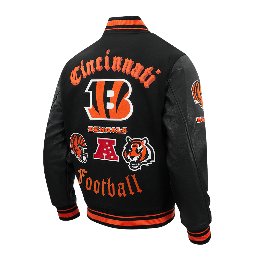NFL CINCINNATI BENGALS OLD ENGLISH MEN'S RIB WOOL VARSITY JACKET (BLACK/ORANGE)
