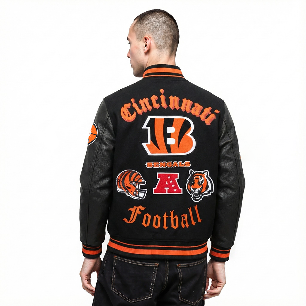 NFL CINCINNATI BENGALS OLD ENGLISH MEN'S RIB WOOL VARSITY JACKET (BLACK/ORANGE)