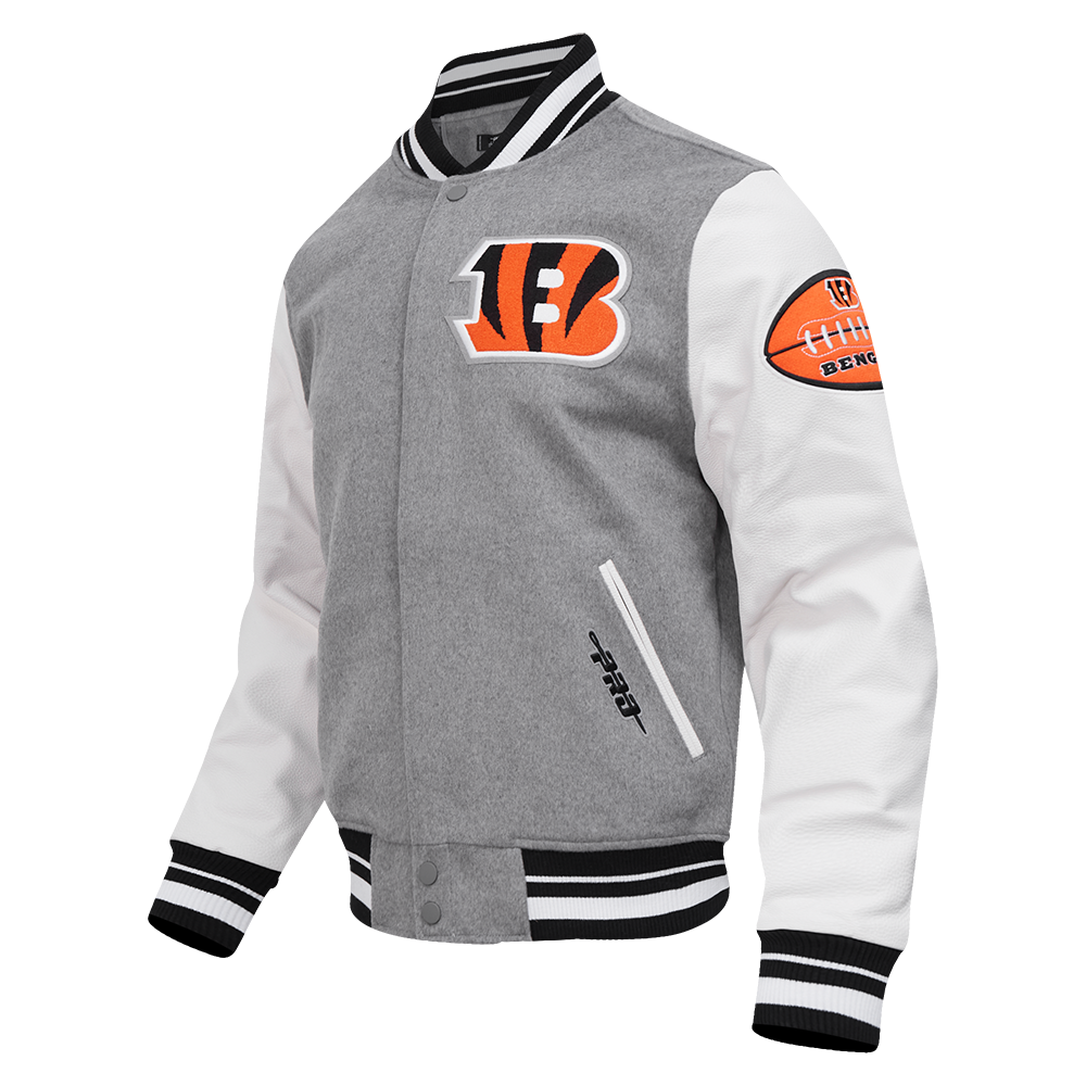 NFL CINCINNATI BENGALS OLD ENGLISH MEN'S RIB WOOL VARSITY JACKET (HEATHER GREY/WHITE/BLACK)