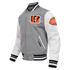NFL CINCINNATI BENGALS OLD ENGLISH MEN'S RIB WOOL VARSITY JACKET (HEATHER GREY/WHITE/BLACK)