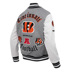 NFL CINCINNATI BENGALS OLD ENGLISH MEN'S RIB WOOL VARSITY JACKET (HEATHER GREY/WHITE/BLACK)