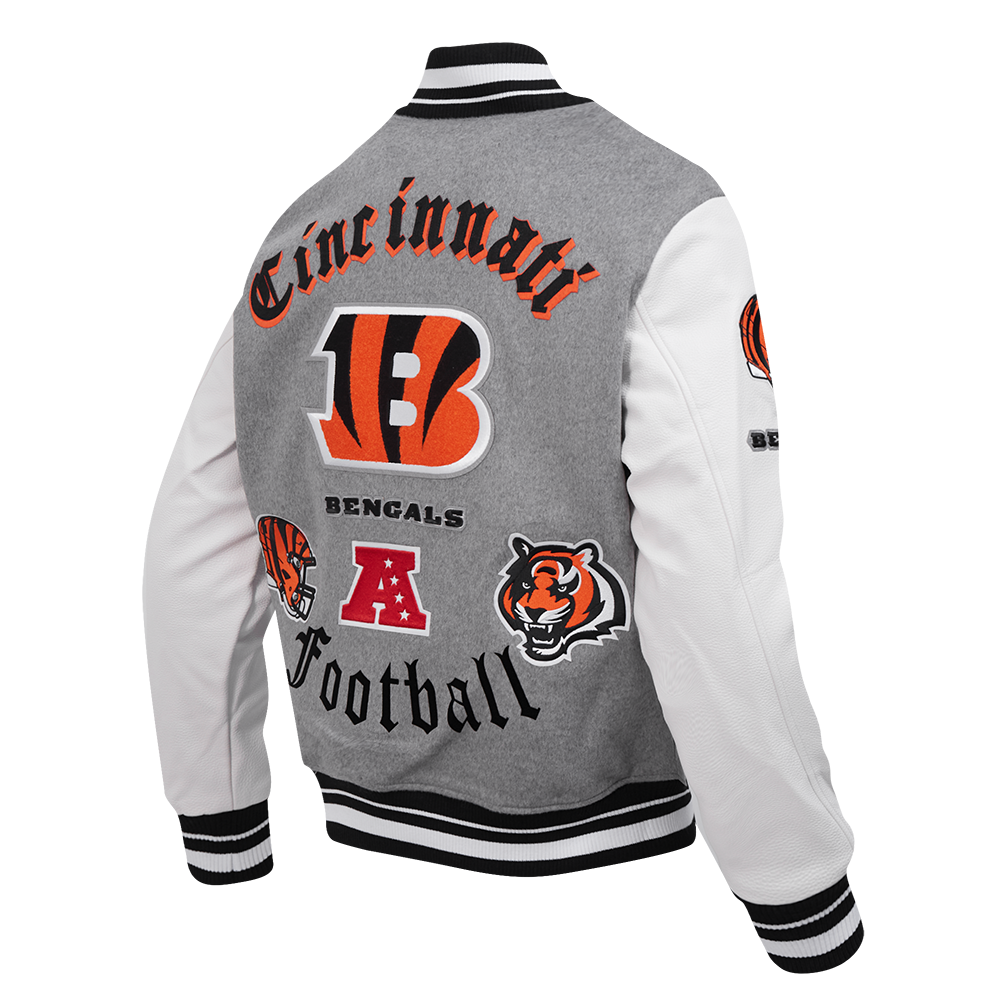 NFL CINCINNATI BENGALS OLD ENGLISH MEN'S RIB WOOL VARSITY JACKET (HEATHER GREY/WHITE/BLACK)
