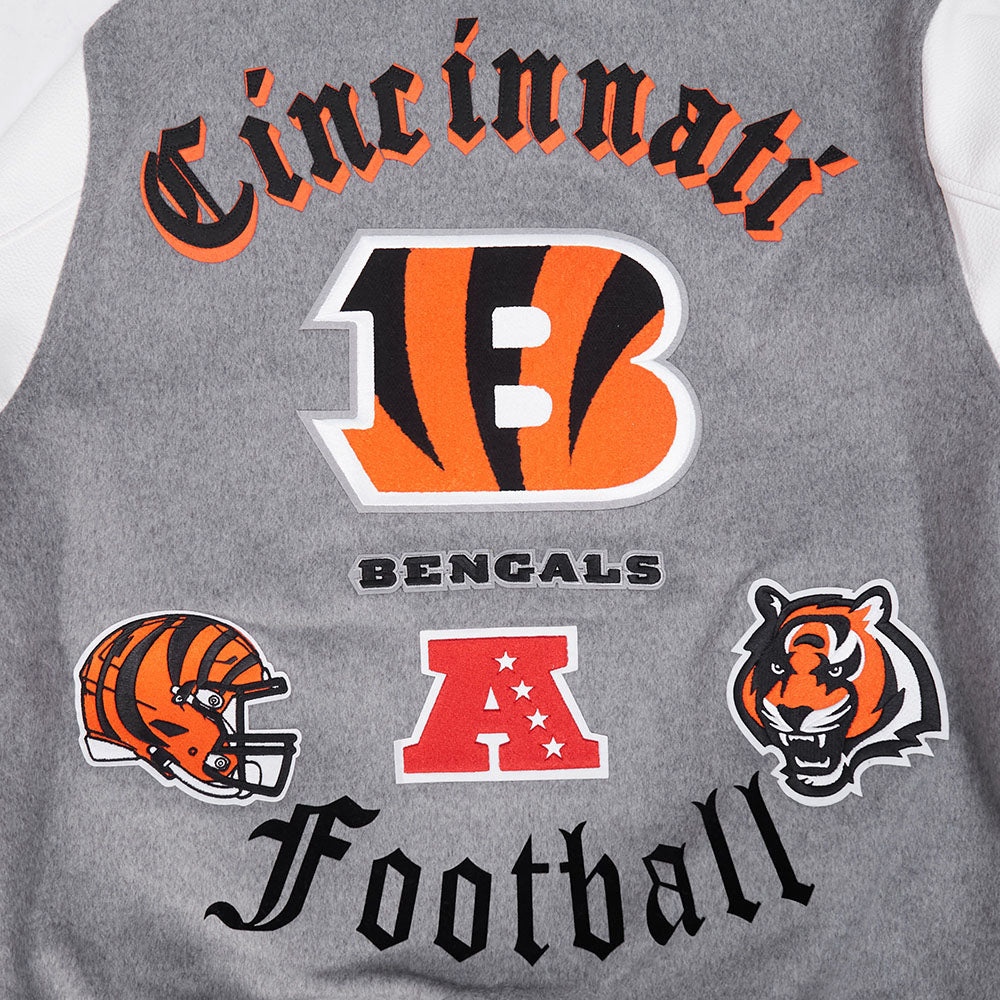 NFL CINCINNATI BENGALS OLD ENGLISH MEN'S RIB WOOL VARSITY JACKET (HEATHER GREY/WHITE/BLACK)