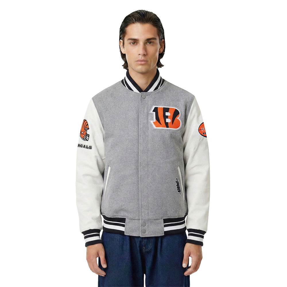 NFL CINCINNATI BENGALS OLD ENGLISH MEN'S RIB WOOL VARSITY JACKET (HEATHER GREY/WHITE/BLACK)