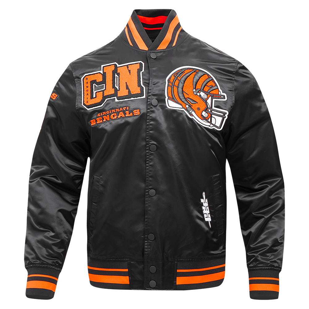 NFL CINCINNATI BENGALS MASH UP MEN'S RIB SATIN JACKET (BLACK/ORANGE)