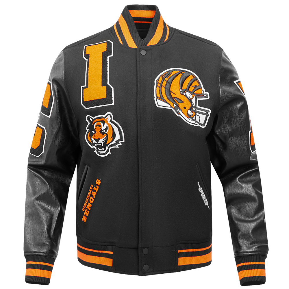 NFL CINCINNATI BENGALS MASH UP BLOUSON COLLÉGIAL EN LAINE À BORDS CÔTELÉS POUR HOMME (NOIR/ORANGE)