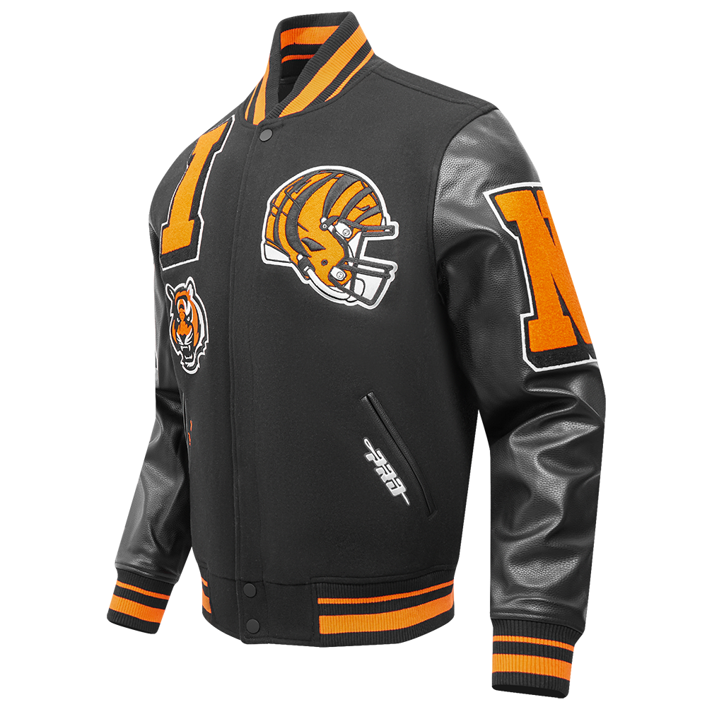 NFL CINCINNATI BENGALS MASH UP MEN'S RIB WOOL VARSITY JACKET (BLACK/ORANGE)