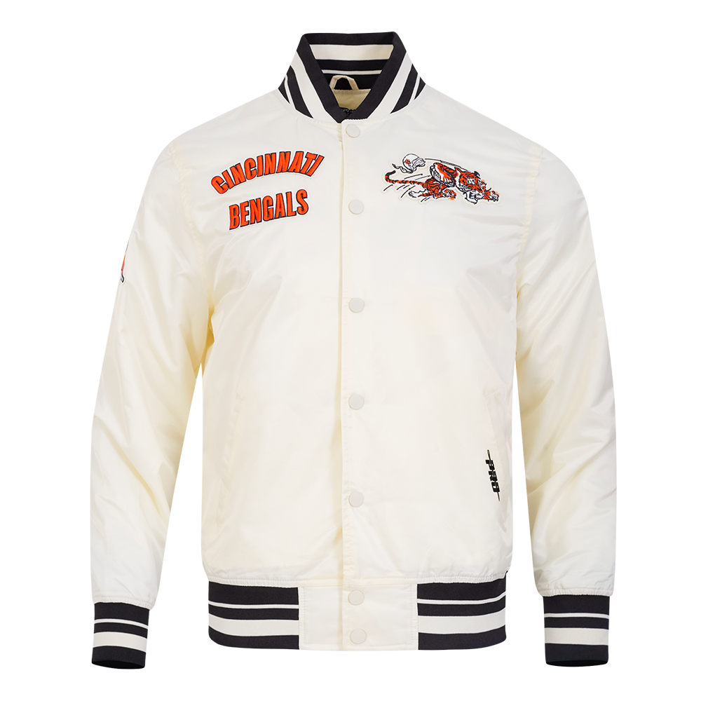 NFL CINCINNATI BENGALS RETRO CLASSIC BLOUSON EN SATIN À BORDS CÔTELÉS POUR HOMME (COQUILLE D'ŒUF/NOIR)
