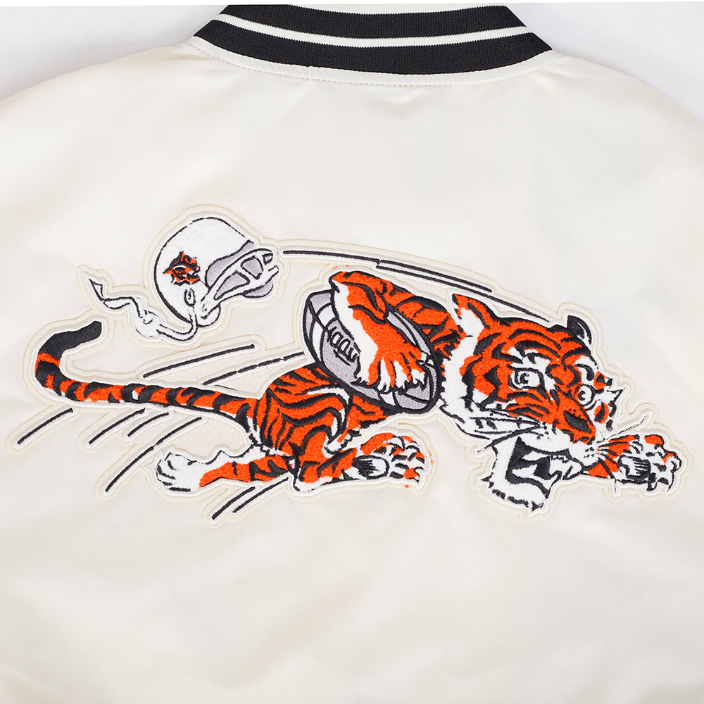 NFL CINCINNATI BENGALS RETRO CLASSIC BLOUSON EN SATIN À BORDS CÔTELÉS POUR HOMME (COQUILLE D'ŒUF/NOIR)