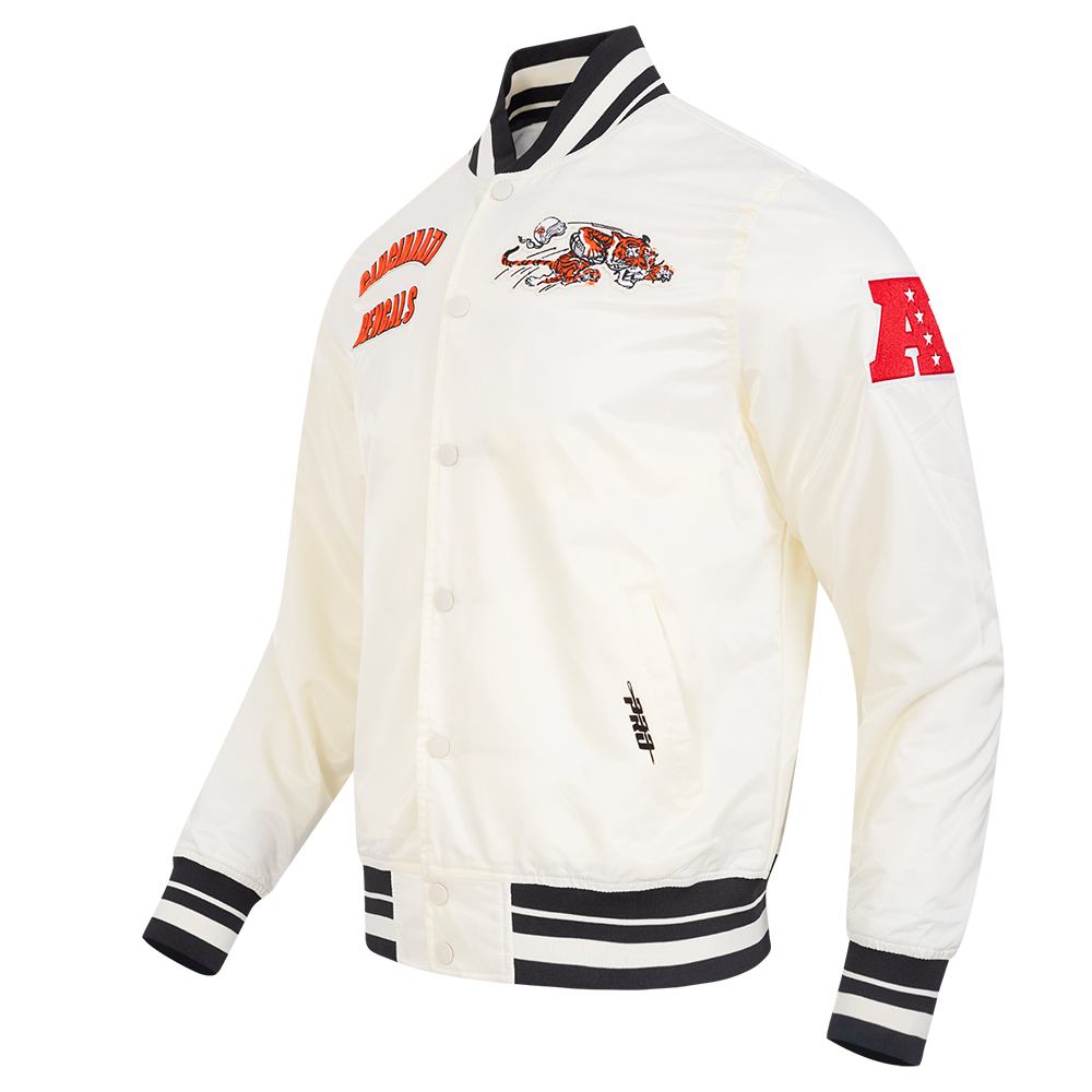 NFL CINCINNATI BENGALS RETRO CLASSIC BLOUSON EN SATIN À BORDS CÔTELÉS POUR HOMME (COQUILLE D'ŒUF/NOIR)