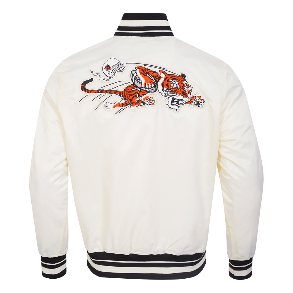 NFL CINCINNATI BENGALS RETRO CLASSIC BLOUSON EN SATIN À BORDS CÔTELÉS POUR HOMME (COQUILLE D'ŒUF/NOIR)