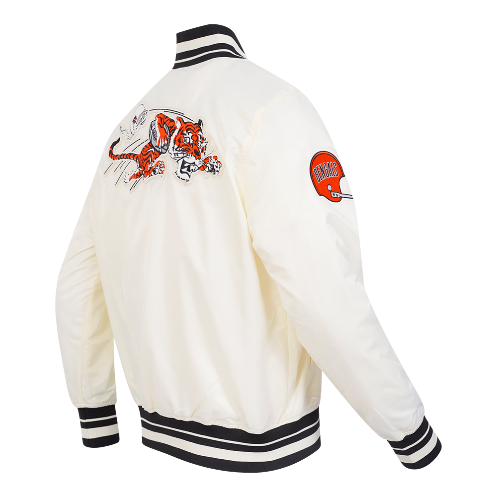 NFL CINCINNATI BENGALS RETRO CLASSIC BLOUSON EN SATIN À BORDS CÔTELÉS POUR HOMME (COQUILLE D'ŒUF/NOIR)