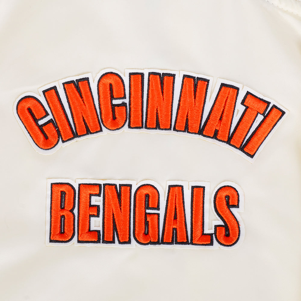 NFL CINCINNATI BENGALS RETRO CLASSIC BLOUSON EN SATIN À BORDS CÔTELÉS POUR HOMME (COQUILLE D'ŒUF/NOIR)
