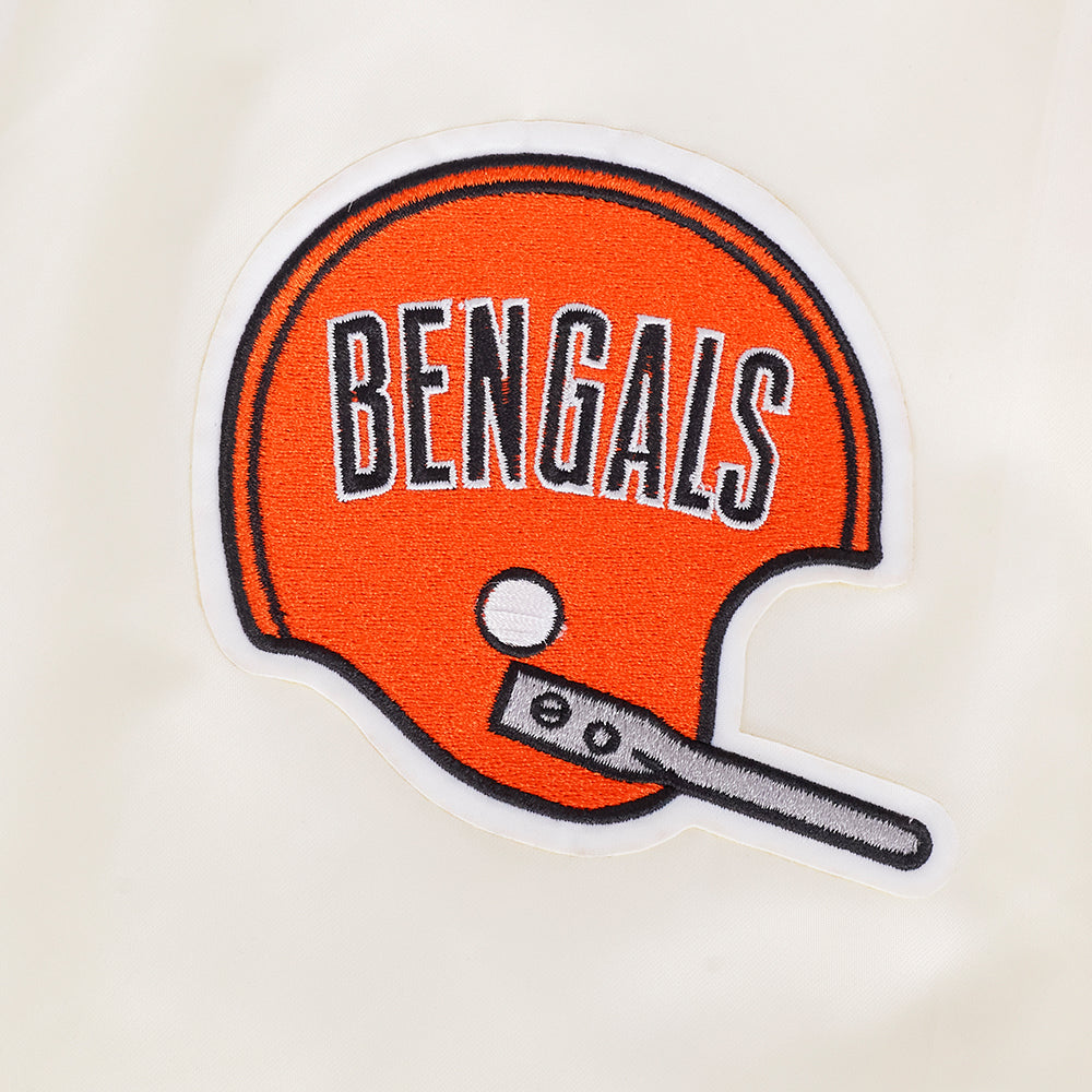 NFL CINCINNATI BENGALS RETRO CLASSIC BLOUSON EN SATIN À BORDS CÔTELÉS POUR HOMME (COQUILLE D'ŒUF/NOIR)