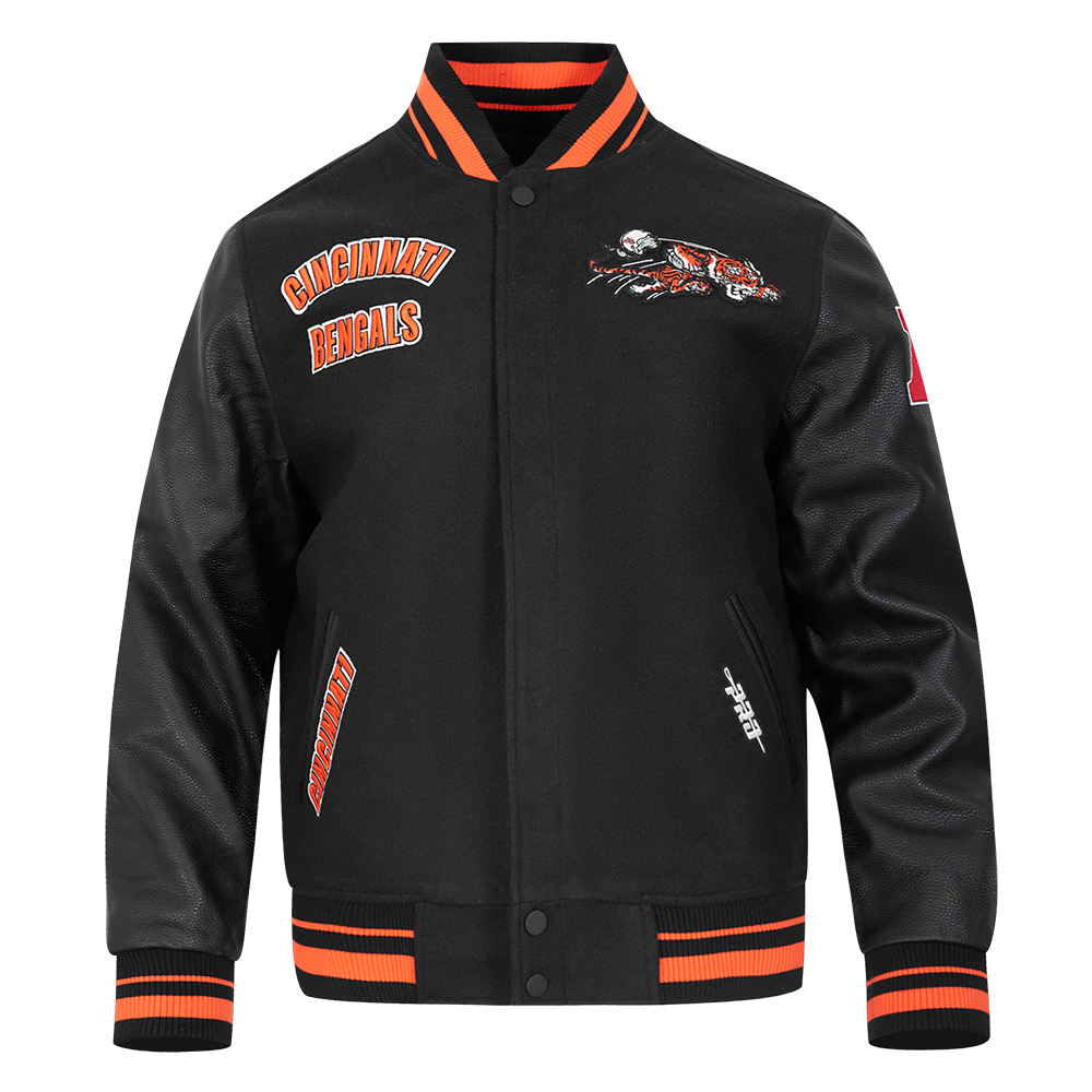 NFL CINCINNATI BENGALS RETRO CLASSIC BLOUSON COLLÉGIAL EN LAINE À BORDS CÔTELÉS POUR HOMME (NOIR/ORANGE)