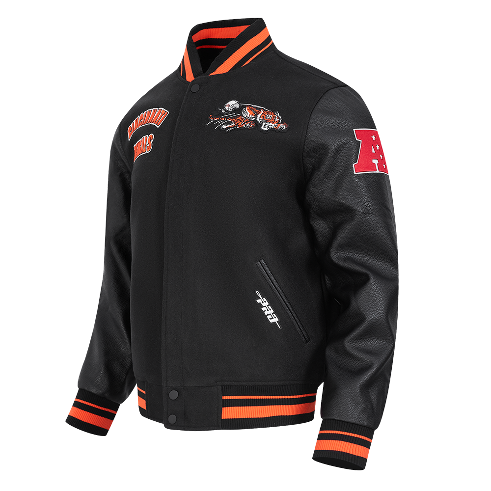 NFL CINCINNATI BENGALS RETRO CLASSIC BLOUSON COLLÉGIAL EN LAINE À BORDS CÔTELÉS POUR HOMME (NOIR/ORANGE)