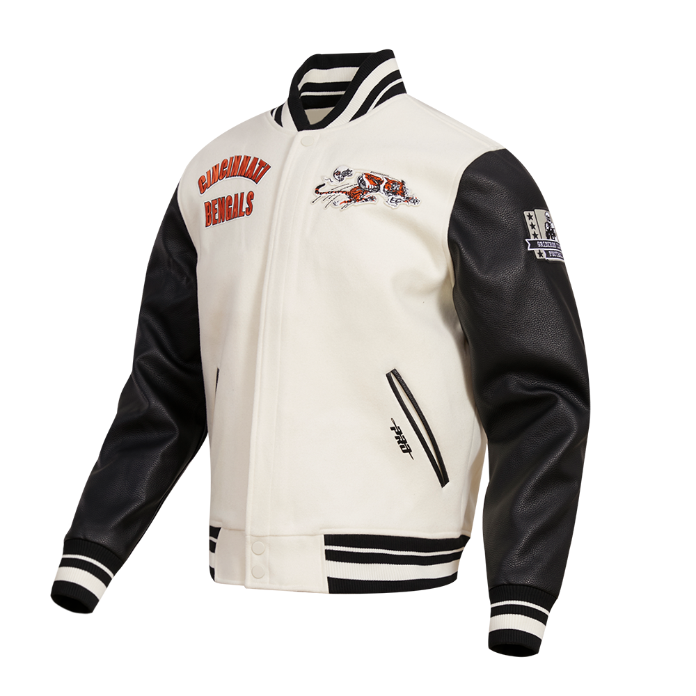 NFL CINCINNATI BENGALS RETRO CLASSIC MEN'S RIB WOOL VARSITY JACKET (EGGSHELL/ BLACK)
